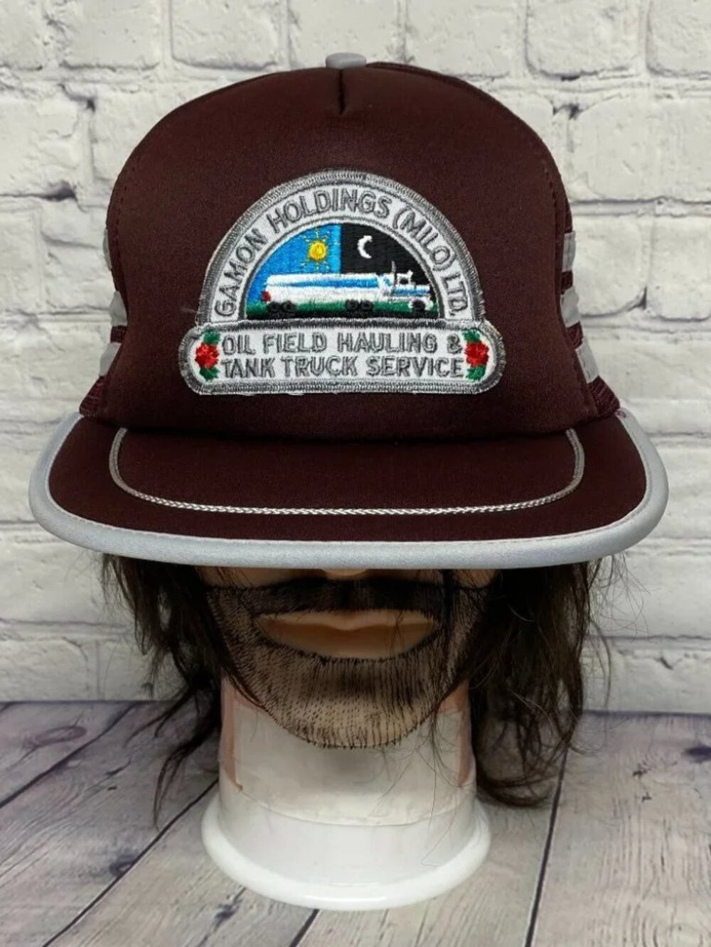 Vintage Trucker Hat Cap Snapback Maroon CAMON Holdings Gray 3 Stripes Item #1A